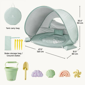 The Tiny Land® 4-in-1 Baby Beach Tent & Sand Toy Set by Tiny Land includes a light green toddler tent with circular carry bag, stake pouch with stakes, pale green bucket and shovel, and four pastel sand molds—ideal for fun at the beach.|Green