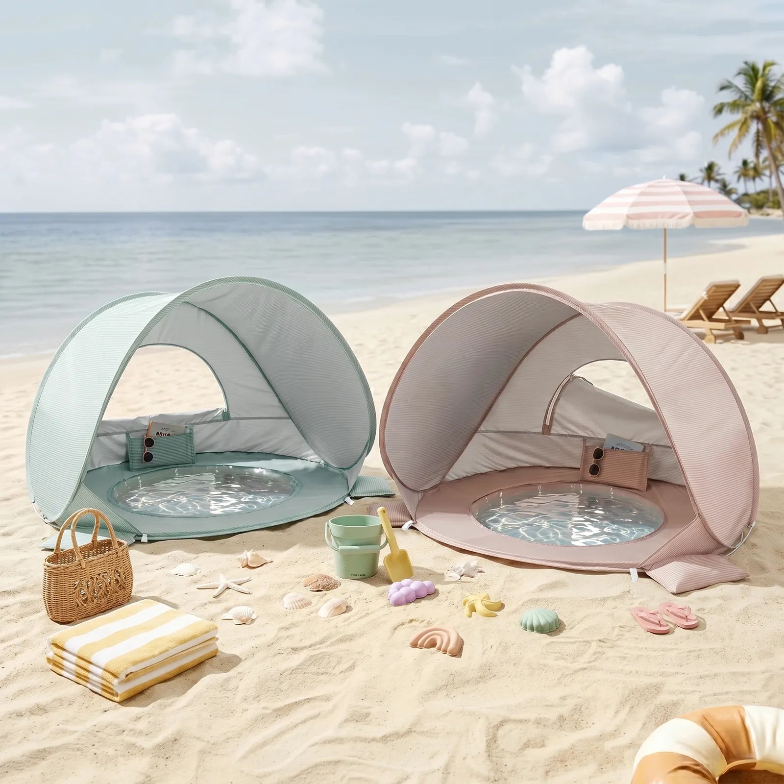Two Tiny Land® 4-in-1 Baby Beach Tent & Sand Toy Sets by Tiny Land sit on the sandy shore, ideal for sand and water play. Beach toys, seashells, a woven bag, and striped towels are nearby under palm trees and umbrellas.