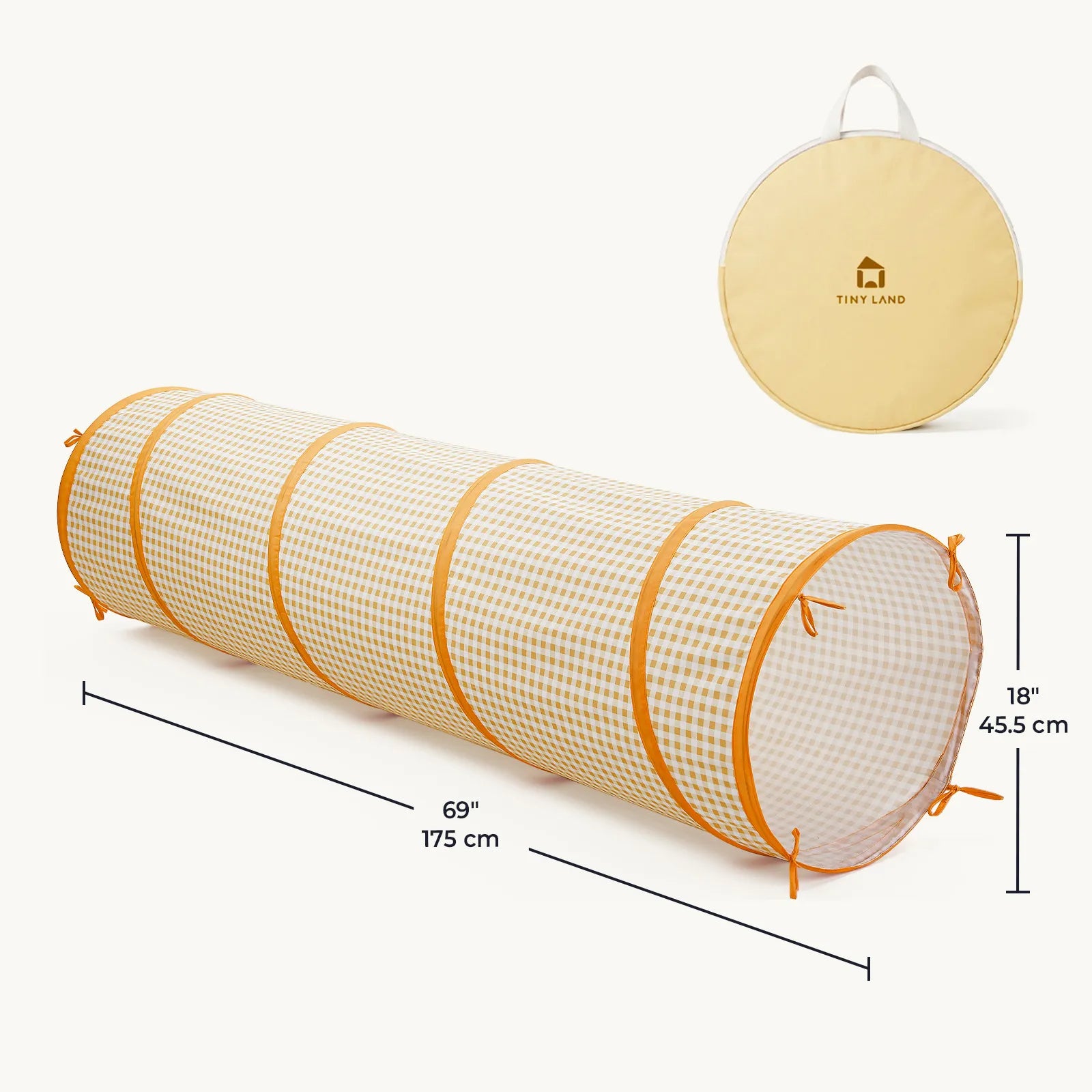 Tiny Land® Adventure Play Tunnel, a 69-inch-long yellow and white gingham kids play tunnel with orange trim, shown at 18 inches in diameter alongside its circular storage bag.|Yellow