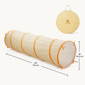 Tiny Land® Adventure Play Tunnel, a 69-inch-long yellow and white gingham kids play tunnel with orange trim, shown at 18 inches in diameter alongside its circular storage bag.|Yellow
