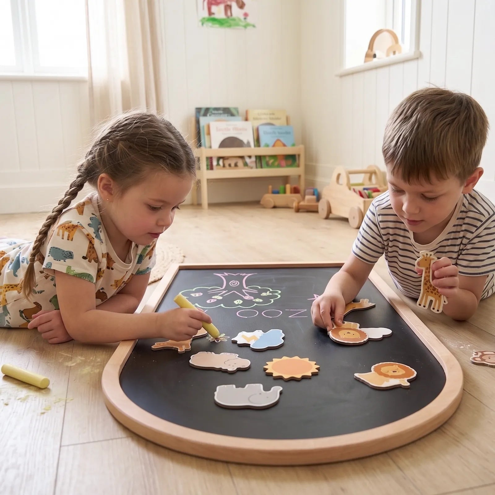 Two young children lie on the floor, coloring with chalk and playing with animal-shaped pieces on the Tiny Land® Double-Sided Arched Magnet Chalkboard & Art Kit by Tiny Land in a cozy, sunlit playroom filled with books and wooden toys.