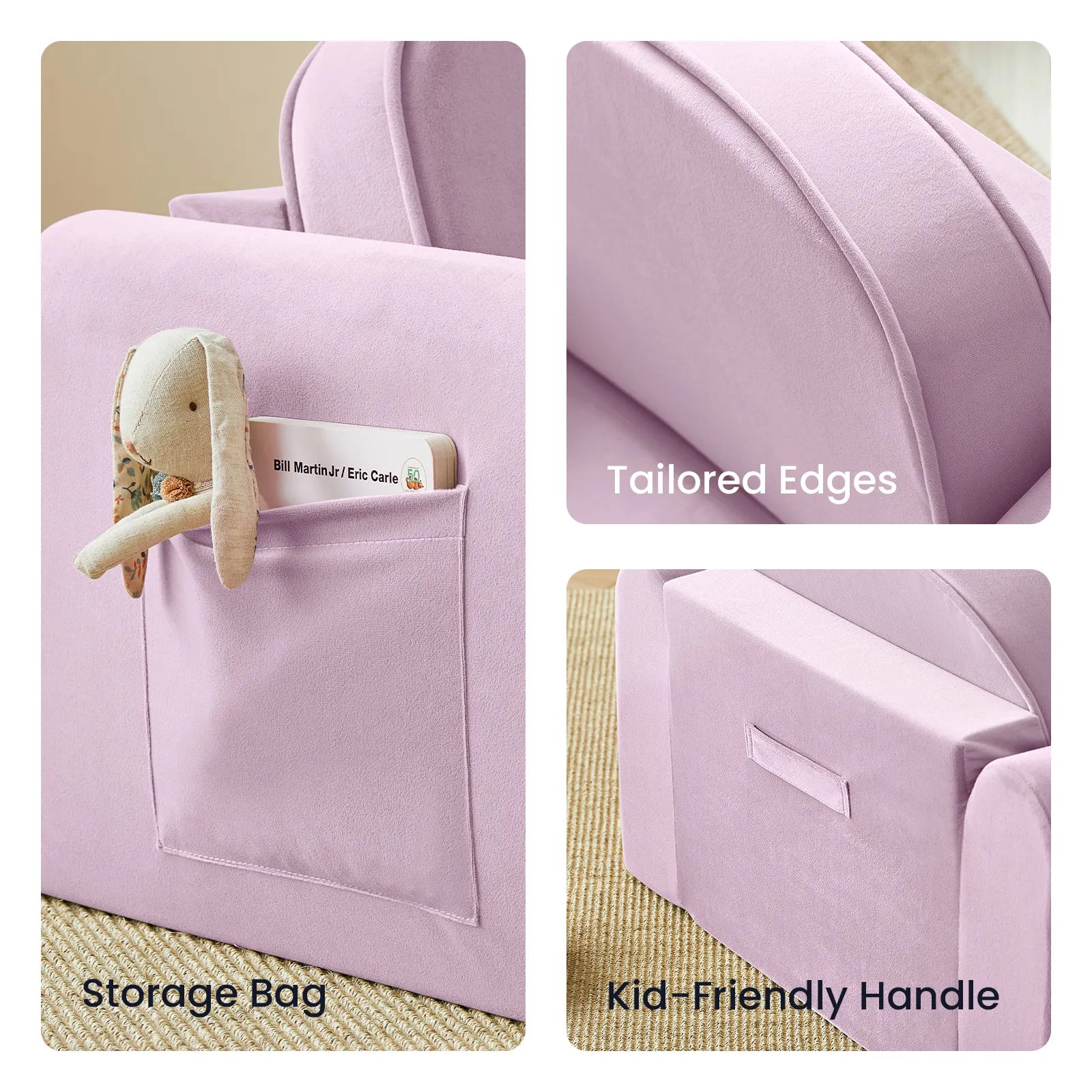 Close-up views of the Tiny Land® GentleSnug Kids Sofa Chair in light purple, featuring a storage pocket with a book and bunny toy, neatly tailored edges, and a convenient kid-friendly handle on the back.|Light Purple