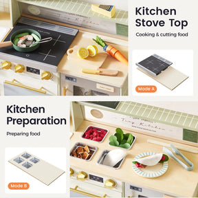 The Tiny Land® BistroSwitch Play Kitchen by Tiny Land includes a stovetop, toy food and utensils, sliced vegetables, cutting board, and trays—ideal for pretend play with dual modes: cooking/cutting and preparing food.|Green