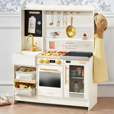The Tiny Land® BistroSwitch Play Kitchen by Tiny Land features a sink, stove, oven, shelves, utensils and accessories above, play food like eggs and veggies on display, an apron and hat on the side, plus baskets with pretend fruits and vegetables.|Cream