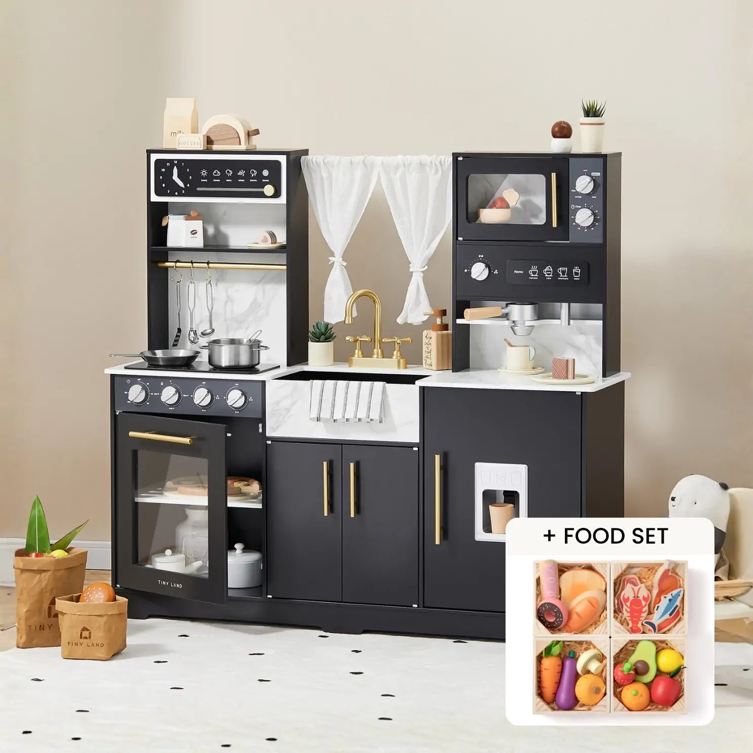 The Tiny Land® Black Iconic Wooden Play Kitchen Bundle Set by Tiny Land features a stylish black and white design with stove, oven, sink, microwave, shelves, pots, utensils, wooden food items, and a matching play food set for endless pretend play.