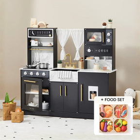The Tiny Land® Black Iconic Wooden Play Kitchen Bundle Set by Tiny Land features a stylish black and white design with stove, oven, sink, microwave, shelves, pots, utensils, wooden food items, and a matching play food set for endless pretend play.