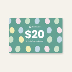 The Tiny Land® Gift Card ($20) by Tiny Land features pastel egg shapes on a green background with "A Little Joy for Easter" text.
