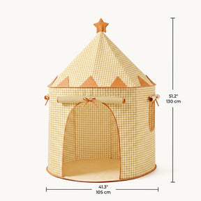 The Tiny Land® Kids Tent by Tiny Land INC is a yellow plaid indoor play tent for toddlers, featuring a conical roof, orange accents, star topper, and front entrance. Measures 51.2" tall and 41.3" wide.