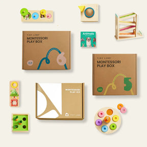 The Tiny Land® Montessori Advanced Skills Baby Set (13–24 months) by Tiny Land features colorful wooden toys, a puzzle, animal book, and marble run—each designed to foster sensory development and fine motor skills.
