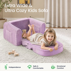 A young girl relaxes on the Tiny Land® GentleSnug Corduroy Kid Chair by Tiny Land, cuddling her teddy bear in a cozy room with a soft carpet. The extra-wide, ultra-cozy kid chair measures 41 inches long and 3.5 inches thick, designed to promote independence, comfort, and emotional support.|Purple