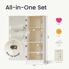 The Tiny Land® BistroSwitch Kitchen & Fridge Set by Tiny Land features a white cabinet with three spacious shelves, convenient door pockets, and a secure anti-tip feature—ideal for organizing all your pretend play set accessories. Dimensions are 40″H x 15″W x 11″D and are clearly labeled for easy reference. Playful icons of a heart, sun, cloud, and grocery list adorn the right side, adding charming interactive details inspired by toy kitchens.