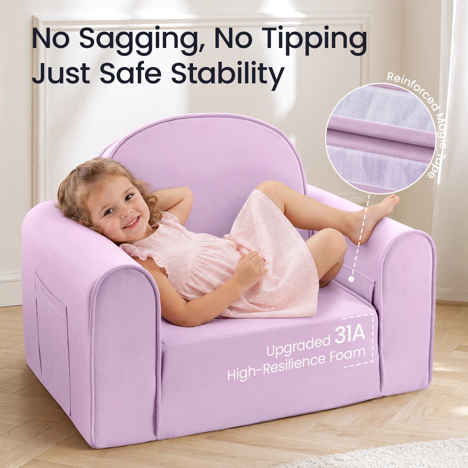 A young girl in a pink dress sits comfortably on the Tiny Land® GentleSnug Kids Sofa Chair by Tiny Land, crafted with high-resilience foam and reinforced edges for maximum stability. This light purple toddler sofa easily flips open to become a cozy nap mat, making it ideal for both lounging and naptime.|Light Purple