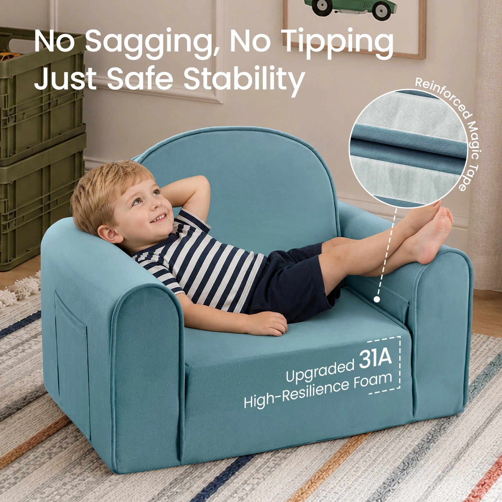 A young boy relaxes on the Tiny Land® GentleSnug Kids Sofa Chair—a cozy, flip-open chair by Tiny Land, designed with reinforced magic tape, upgraded high-resilience foam, and a stable construction, making it the perfect toddler sofa for playrooms or nap time.|Blue