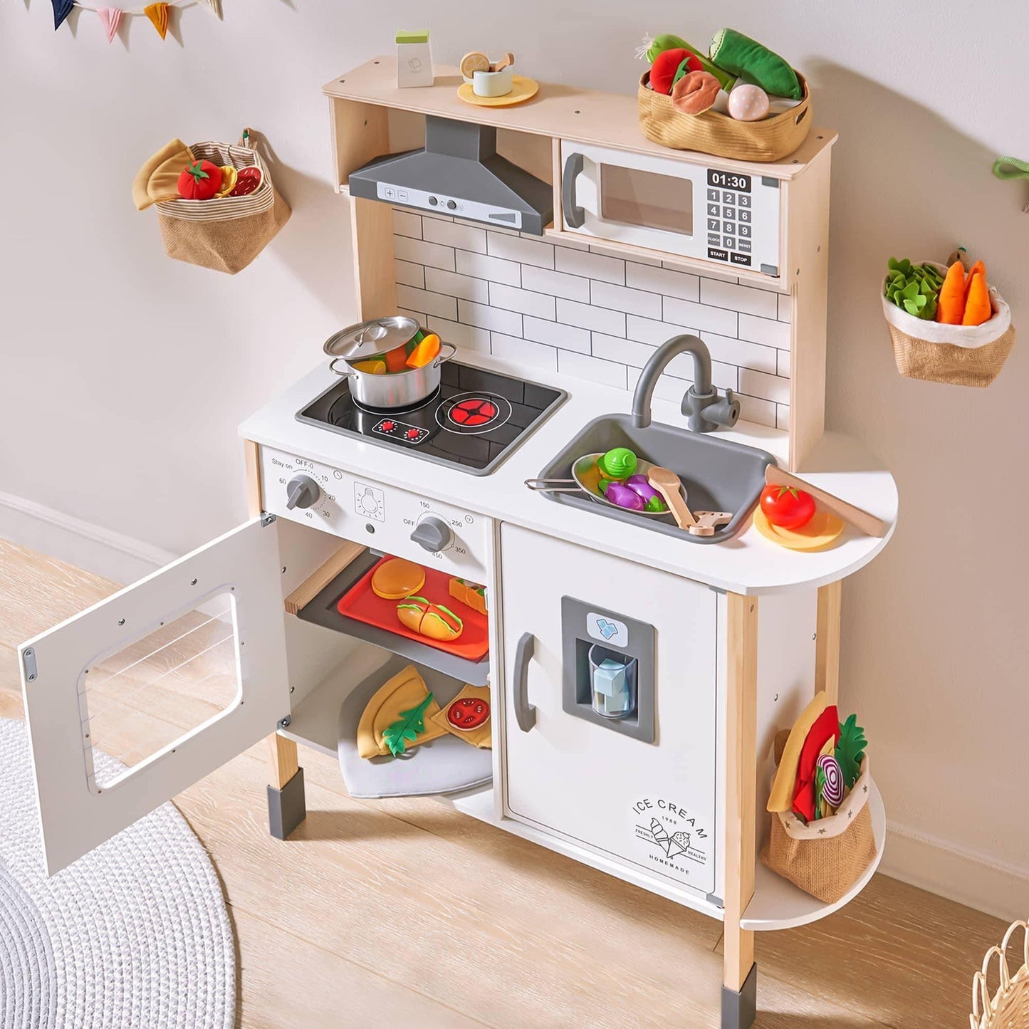 Tiny Land® Play Kitchen with 18 Pcs Toy Food & Cookware Accessories