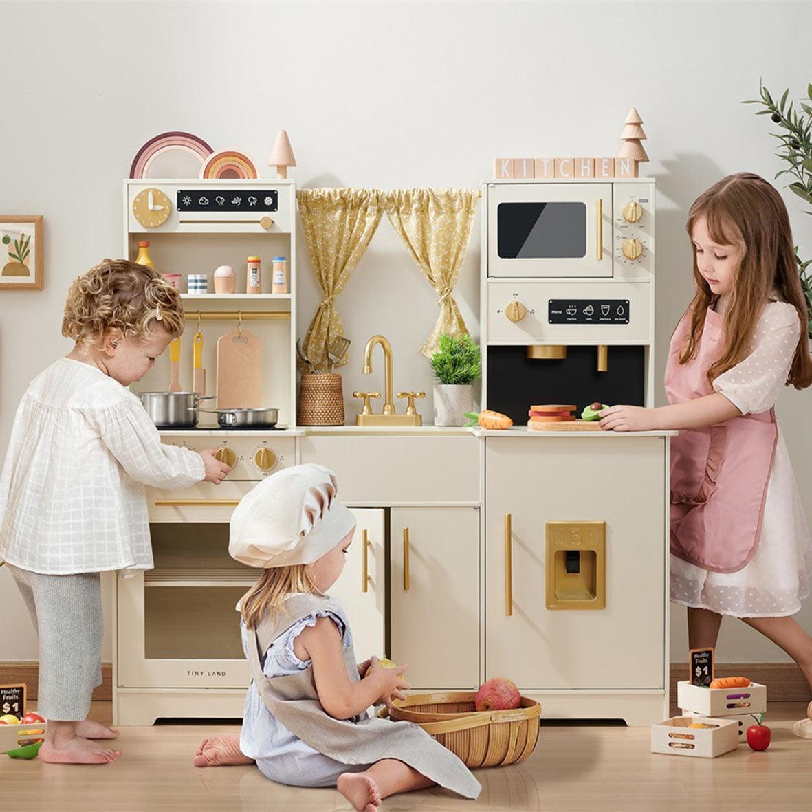 Wooden play kitchen with accessories
