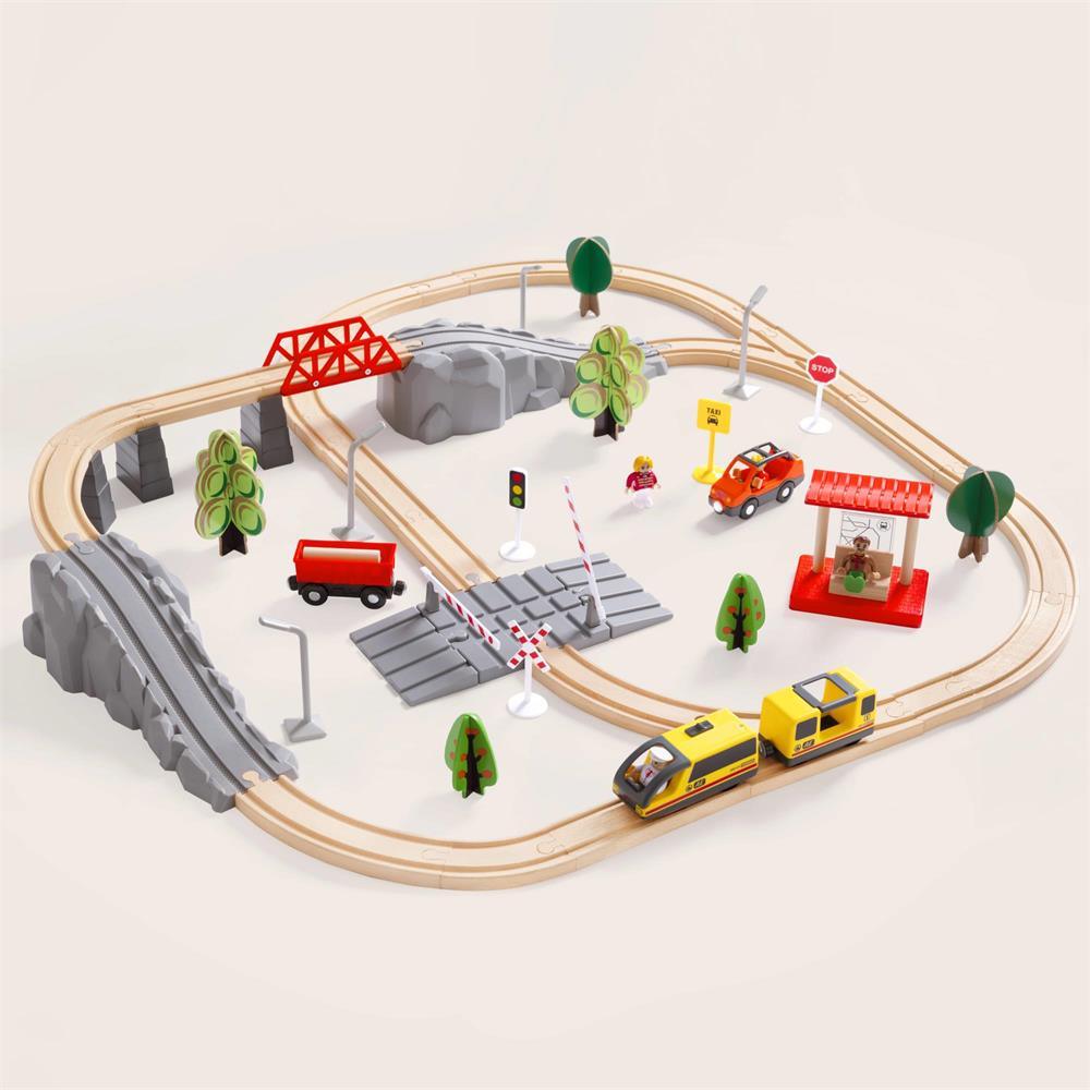 Tiny Land® Wooden Train Set 74 Pcs with Battery Operated Train Used