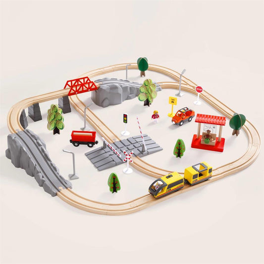 Tiny Land® Wooden Train Set 74 Pcs with Battery Operated Train Used