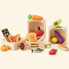 Wooden toy food set with background