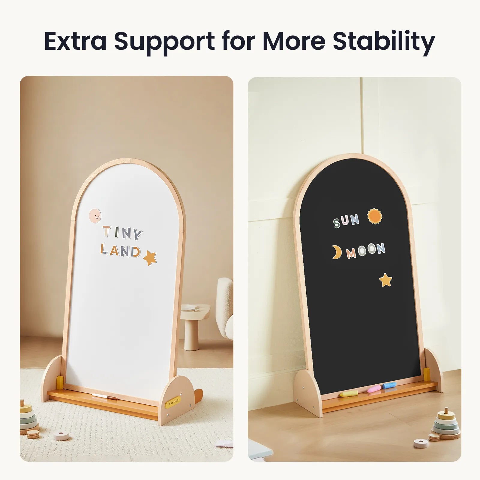 The Tiny Land® Double-Sided Arched Magnet Chalkboard by Tiny Land features a beechwood art board with an arched top, a kids’ whiteboard labeled "Tiny Land" on the left, and a chalkboard labeled "Sun Moon" on the right with magnetic letters and shapes.
